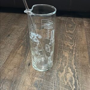 Vintage Telephone History Date Etched Cocktail Mixing Glass W/Swizzle Stick Bell